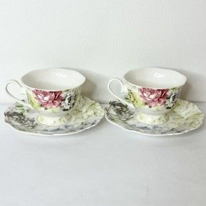 Pulchritudie Eileen's Peony set of 2 teacups & saucers Pink Blue Green‎ 3 in